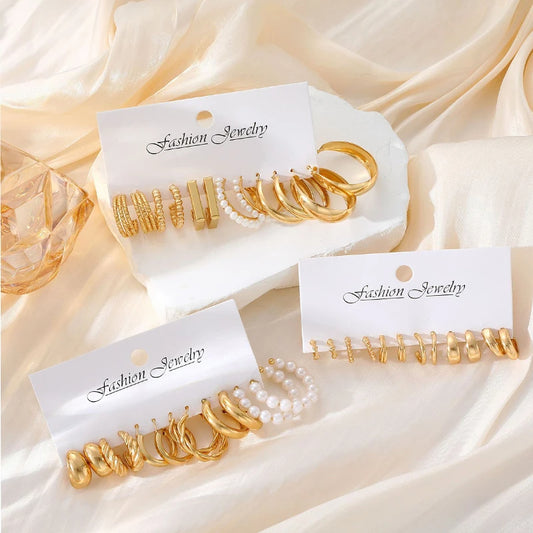 Fashion Geometric Hoop Earrings Set for Women Vintage Bohemian Pearl